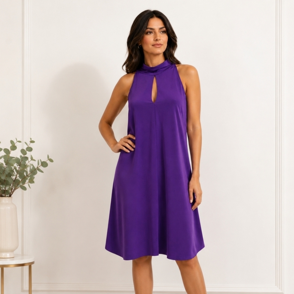 Mango halter-neck dress in purple flowy fabric.